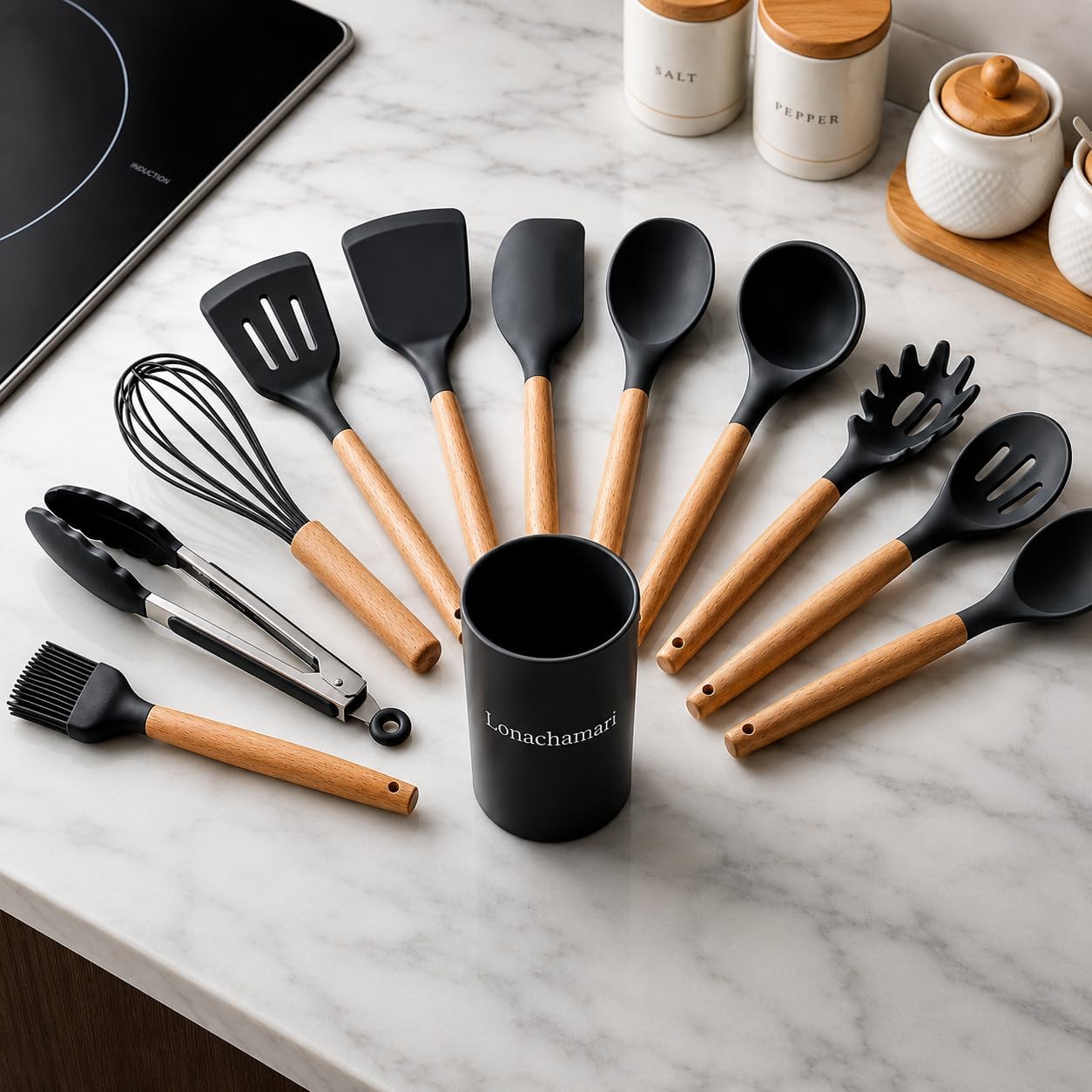 Silicone Kitchen Utensils Set of 12 – Cooking Spoons for Nonstick Cookware, Silicone Spatula Set for Cooking, Rust free, Tongs, Whisk,Turner & Brush - Heat Resistant 446°F - By Lonachamari