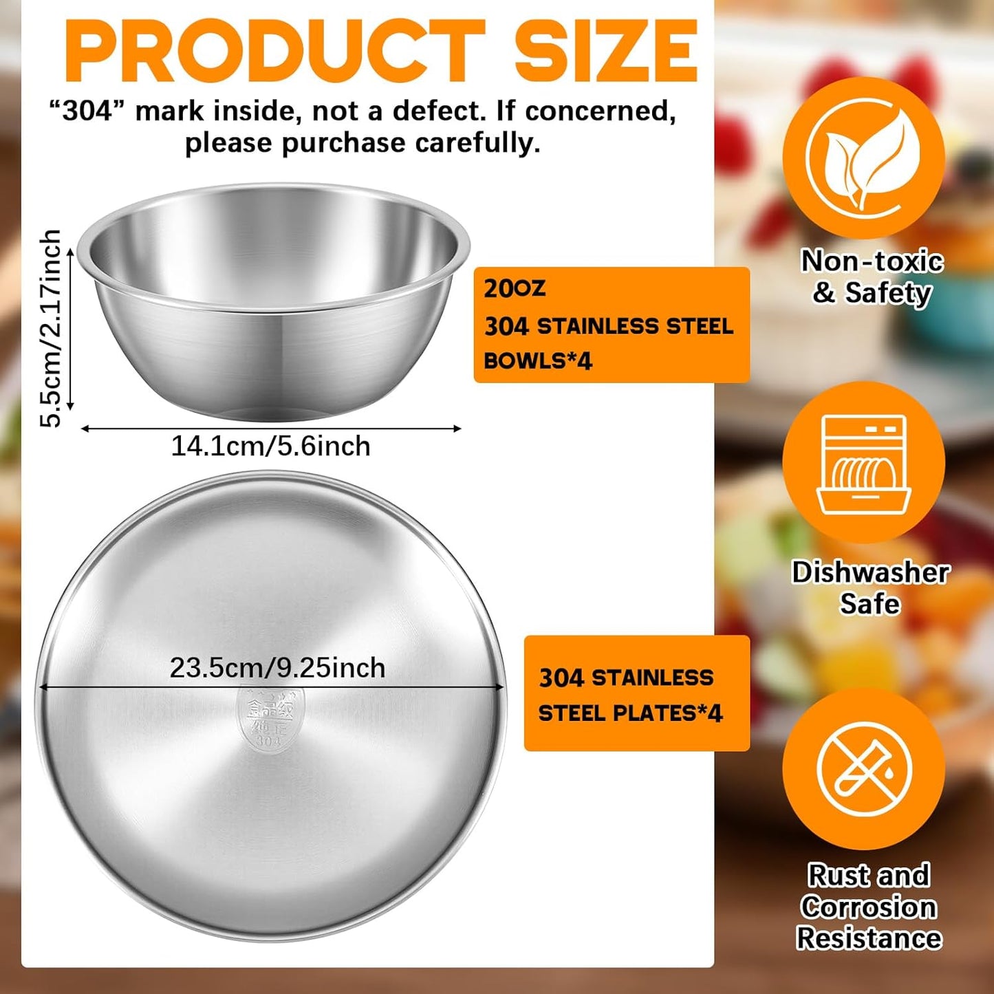 304 Stainless Steel Plates and Bowls Sets - 9 Inch Metal Camping Plates Reusable 20oz Steel Snack Bowls Feeding Serving Dinner Dishes for Adult Girls Boys