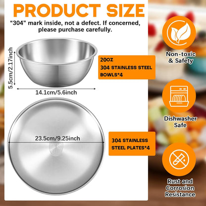 304 Stainless Steel Plates and Bowls Sets - 9 Inch Metal Camping Plates Reusable 20oz Steel Snack Bowls Feeding Serving Dinner Dishes for Adult Girls Boys