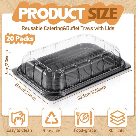 20 Sets Catering Trays with Lids, 12x8.5 Inch Heavy Duty Reusable Plastic Serving Trays with Lids, Catering Cookie Platter for Fruit Desserts Meal Prep Treats and Sandwiches for Travel Party