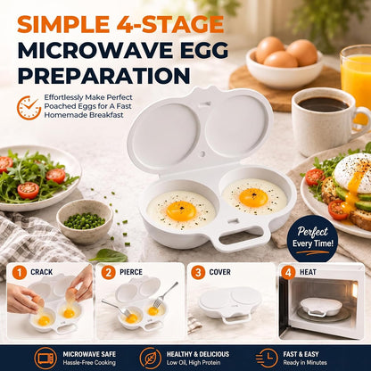 Dual Cavity Microwave Egg Poacher, White Egg Poacher, Quick Oil-Free Cooking Tool for 2 Eggs, Food-Grade PP Material, Portable Breakfast Maker with Lid and Easy-Grip Handle（Three-Color Set）