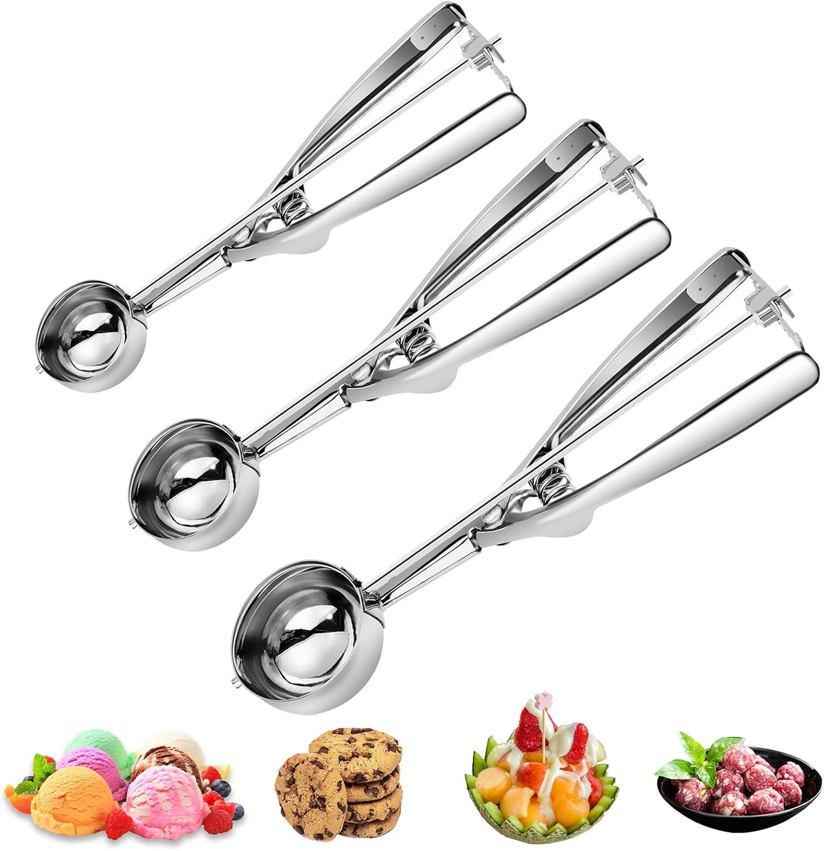 3PCS Ice Cream Scoop,Premium cookie scoop set,Small/Medium/Large stainless steel Scoops,Professional Ice cream Scooper with Trigger Release for Baking, Cookie, Fruit and Ice Cream by AOULELA