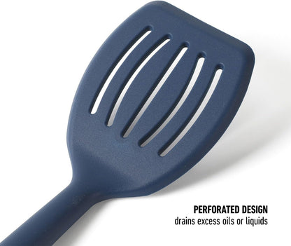 Calphalon Slotted Turner, Kitchen Flipping Spatula, Slotted Spatula, Stainless Steel Turner with Silicone Heat Resistance Handle, Nonstick-Safe Spatula for Draining and Flipping (Navy)