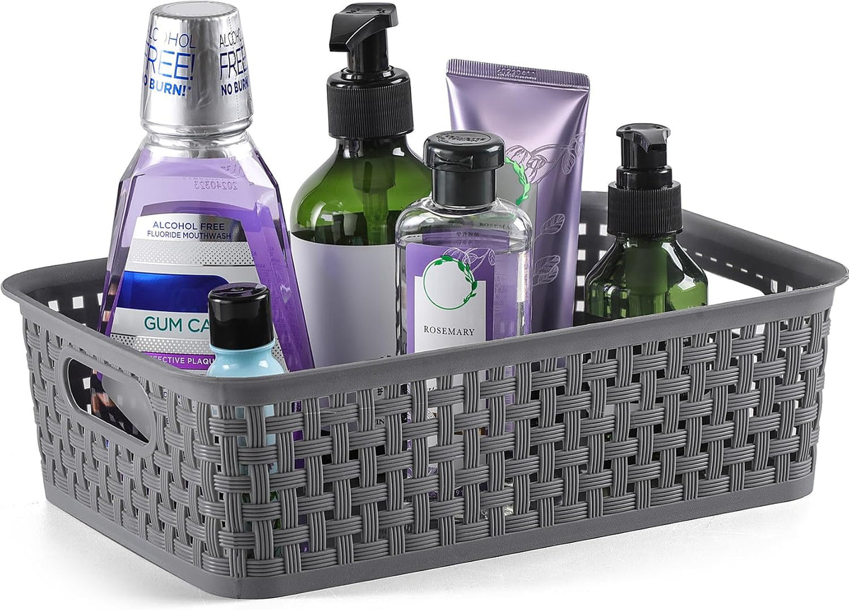 [ 12 Pack ] Plastic Storage Baskets, Small Pantry Organization and Storage Bins, Household Organizers for Laundry Room, Bathrooms, Kitchens, Cabinets, Countertop, Under Sink or Shelves, Black