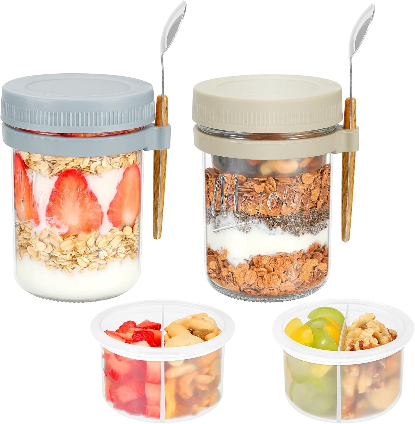 Xyptorix 6 Pack Overnight Oats Containers with Lids and Spoons, 16 oz Mason Jars with Removable Separate Compartments, Airtight and Leak-Proof Glass Jars for Chia Pudding, Yogurt, and Oatmeal