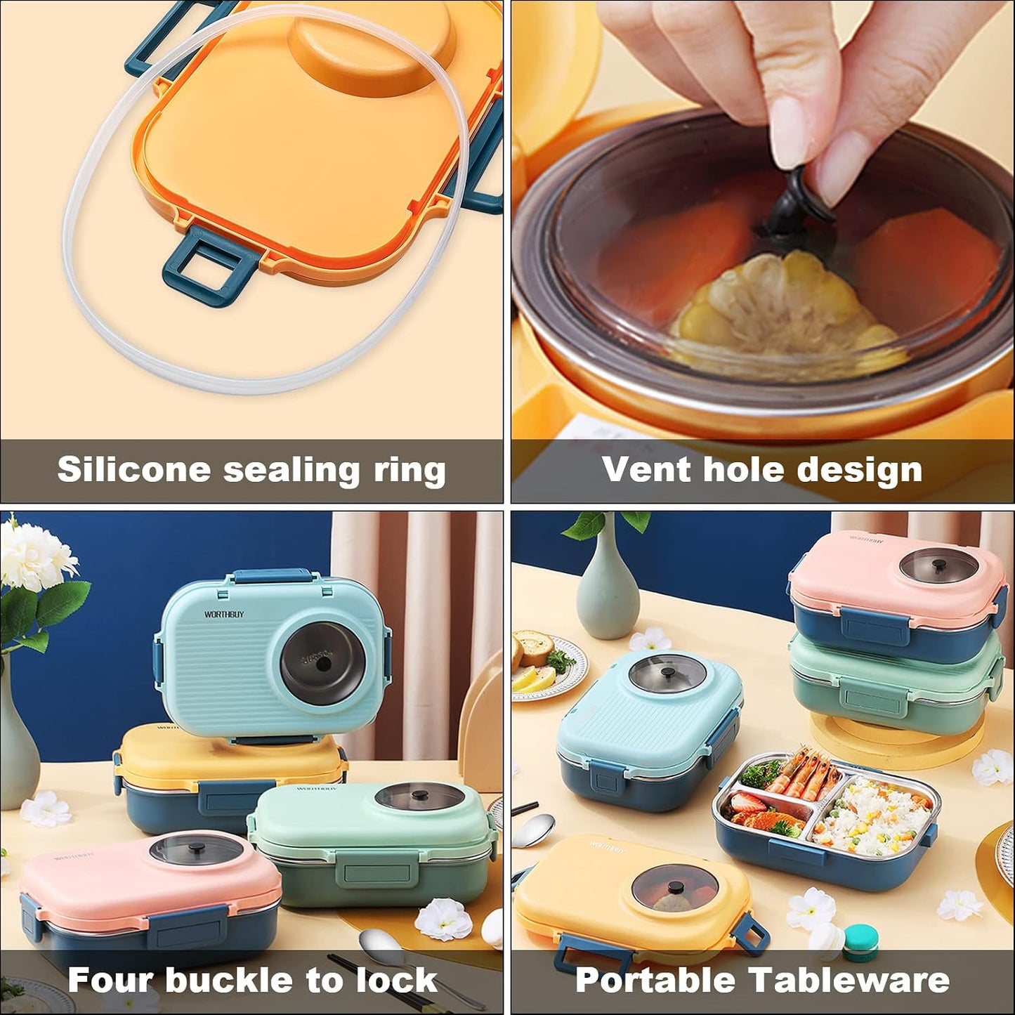 3 Compartments Bento Lunch box with Soup Bowl, Insulated Lunch Bag and Portable Utensils, Stainless Steel Camera Lunch Containers，Leak Proof Bento Box for Kids Adults Men Women…