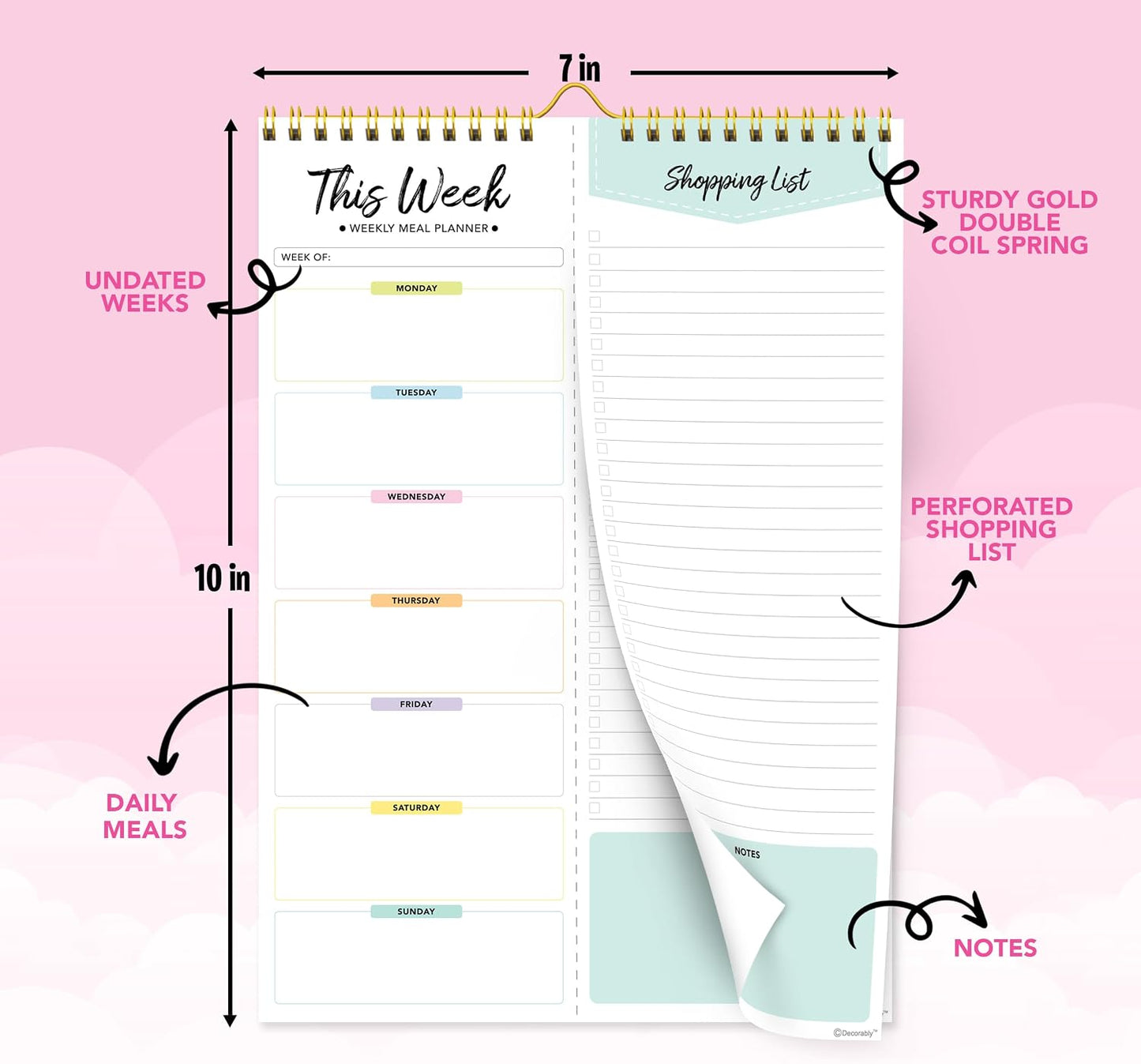 Decorably 52 Sheets Pastel Rainbow Weekly Meal Planner for Fridge with 4 Strong Magnets - 6x9in Spring-Bound Refrigerator Mountable, Easy Tear-Off Design, Track Food, Drinks, & Home Supplies