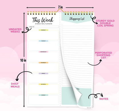 Decorably 52 Sheets Pastel Rainbow Weekly Meal Planner for Fridge with 4 Strong Magnets - 6x9in Spring-Bound Refrigerator Mountable, Easy Tear-Off Design, Track Food, Drinks, & Home Supplies
