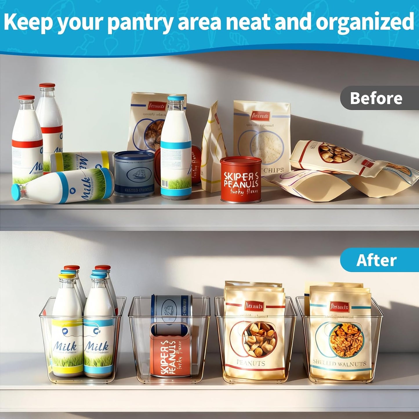 Clear Plastic Storage Bins, 4-Pack Stackable Pantry Organizers and Storage Containers for Kitchen, Fridge, Cabinet and Closet Organization - Home Essentials