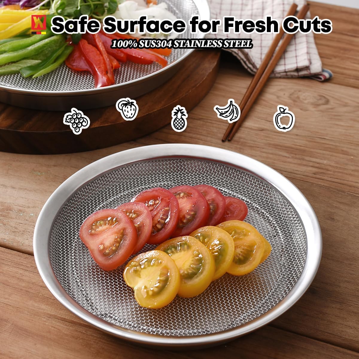 WAGENSTEIGER Stainless Steel Mesh Tray Set with Drip Pan, Air Fryer Basket and Tray, Kitchen Colander, Vegetable and Fruit Strainer, Food Filter, BBQ Prep Tool, Fruit Serving Dishes (9.84 inch)
