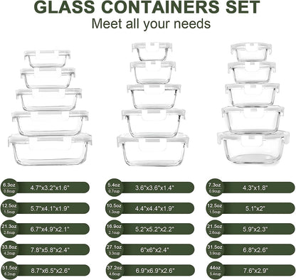 30 Pieces Glass Food Storage Containers, Meal Prep Set with Snap Locking Lids, Airtight lunch Containers, BPA-Free, Microwave, Oven, Freezer & Dishwasher Friendly,Blue