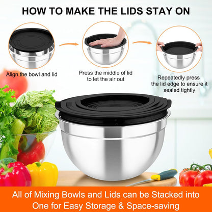 TeamFar Mixing Bowls with Airtight Lids, 5PCS Stainless Steel Metal Salad Bowl with 3 Grater Attachments, for Cooking, Prepping, Serving, Healthy & Easy Clean - 0.7/1/1.5/2.6/4.6QT, Black