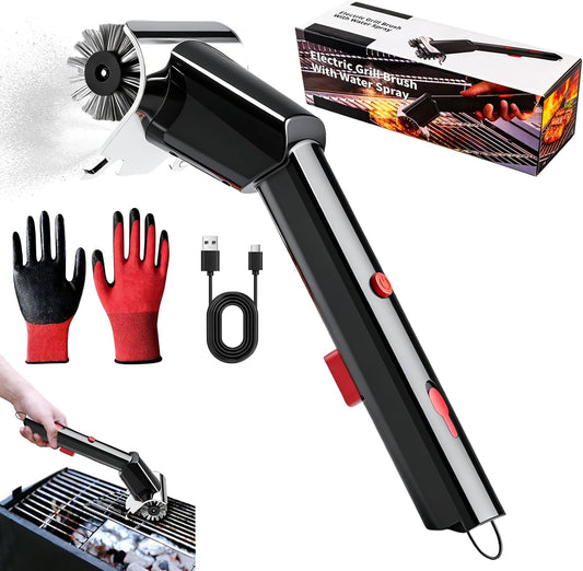 Electric Grill Brush with Water Spray & LED Light, 2600mAh Rechargeable BBQ Cleaner with 2 Speed Modes, 100 Mins Runtime, 304 Stainless Steel Heat Resistant Grill Brush for Outdoor Camping