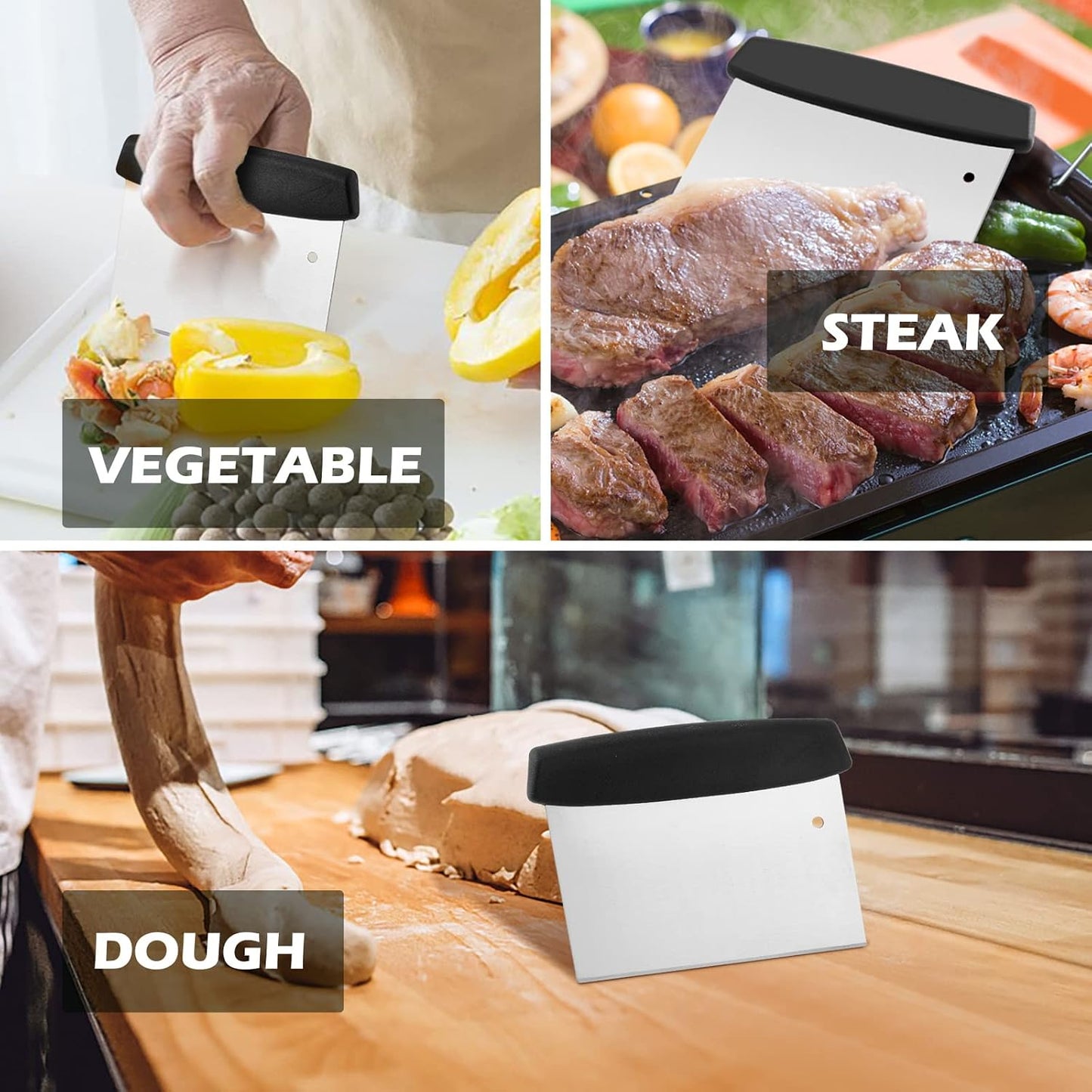 Metal Griddle Scraper Chopper, HaSteeL Stainless Steel Dough Bench Scraper Pastry Cutter with Measuring Marks, Multi-purpose Kitchen Tool for Flat Top Grilling/Baking/Cooking, Dishwasher Safe (2-Pack)