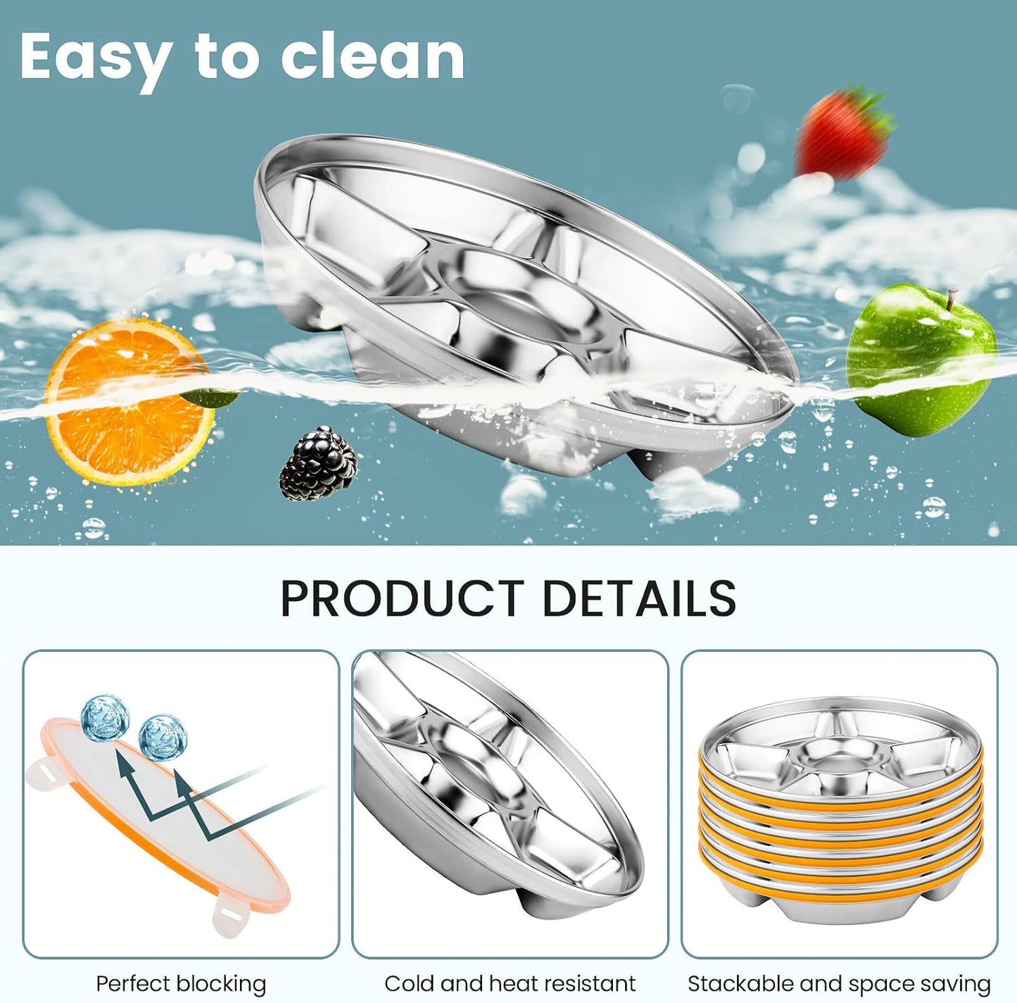 Divided Serving Tray with Lid, Stainless Steel Veggie Tray with Plastic Lid, Reusable Vegetable Platter, Snack Tray, Snackle Box for Party, Easy to Clean (6 Compartments, 60oz)