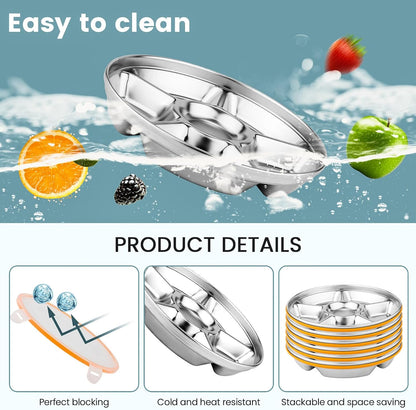 Divided Serving Tray with Lid, Stainless Steel Veggie Tray with Plastic Lid, Reusable Vegetable Platter, Snack Tray, Snackle Box for Party, Easy to Clean (6 Compartments, 60oz)