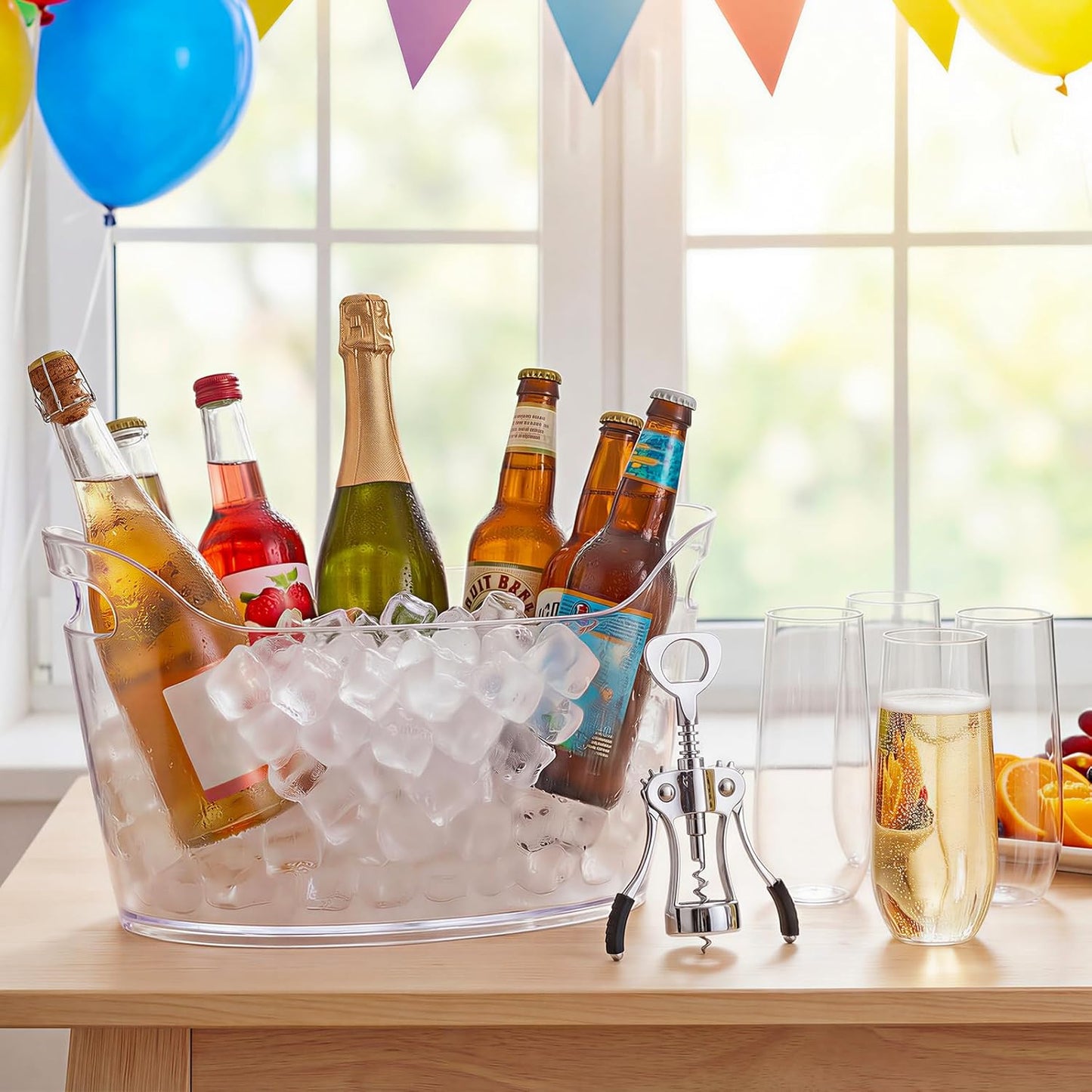 2 Pack 6.5l Ice Bucket for Party, Clear Plastic Champagne Cooler with Ice Scoop & Metal Bottle Opener, Large Portable Drink Beverage Tub for Beer & Mimosa Bar Supplies