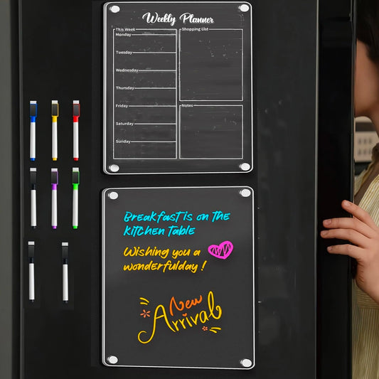 Acrylic Weekly Calendar Weekly Planner for Refrigerator - Clear Set of 2 Dry Erase Board Calendar for Fridge Reusable Planner,Kitchen & Office Planning Board （12"x16"） (YCL-007)