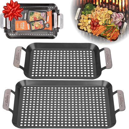Camerons BBQ Grill Topper Grilling Pans (Set of 2)- Non-Stick Barbecue Trays w Stainless Steel Handles - Indoor Outdoor use for Barbecue & Smoked Meat, Vegetables & Seafood- Grill Gift for Fathers Day