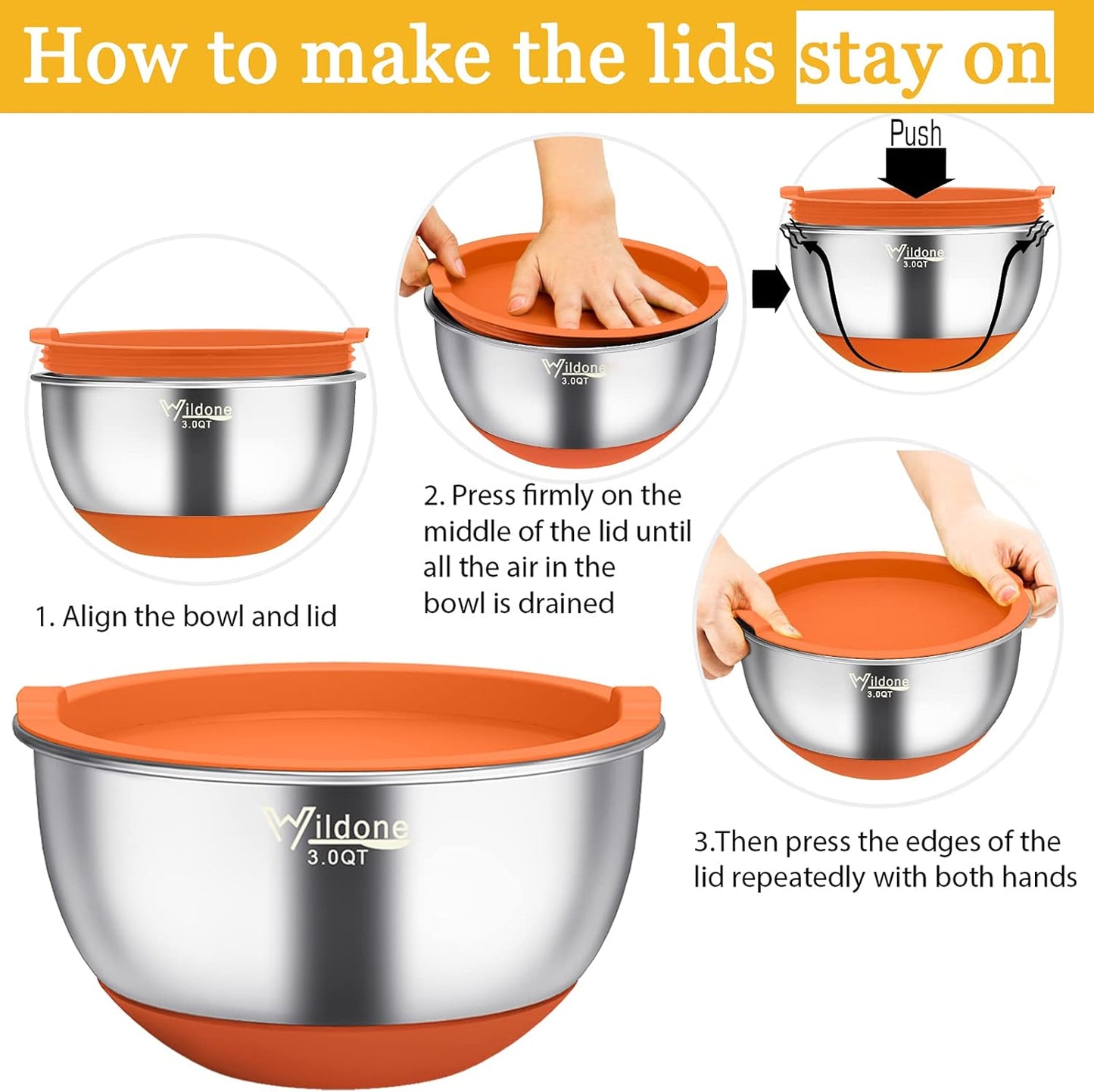 Wildone Mixing Bowls with Airtight Lids, 22 PCS Stainless Steel Nesting Bowls, with 3 Grater Attachments, Scale Marks & Non-Slip Bottom, Size 5, 4, 3, 2,1.5, 0.63QT, Ideal for Mixing & Prepping
