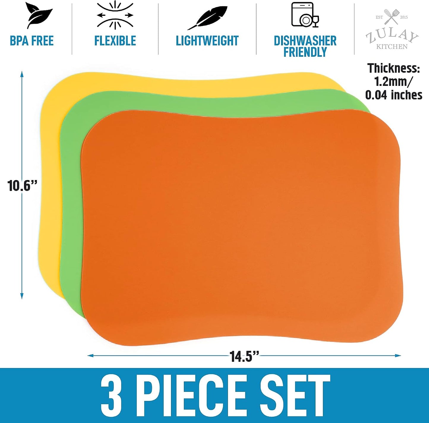 Zulay Kitchen Non-Slip Flexible Cutting Board Set - Dishwasher Friendly Cutting Mats For Cooking - Thick & Durable Flexible Cutting Mats - Non-Porous Cutting Board Mat Set of 3