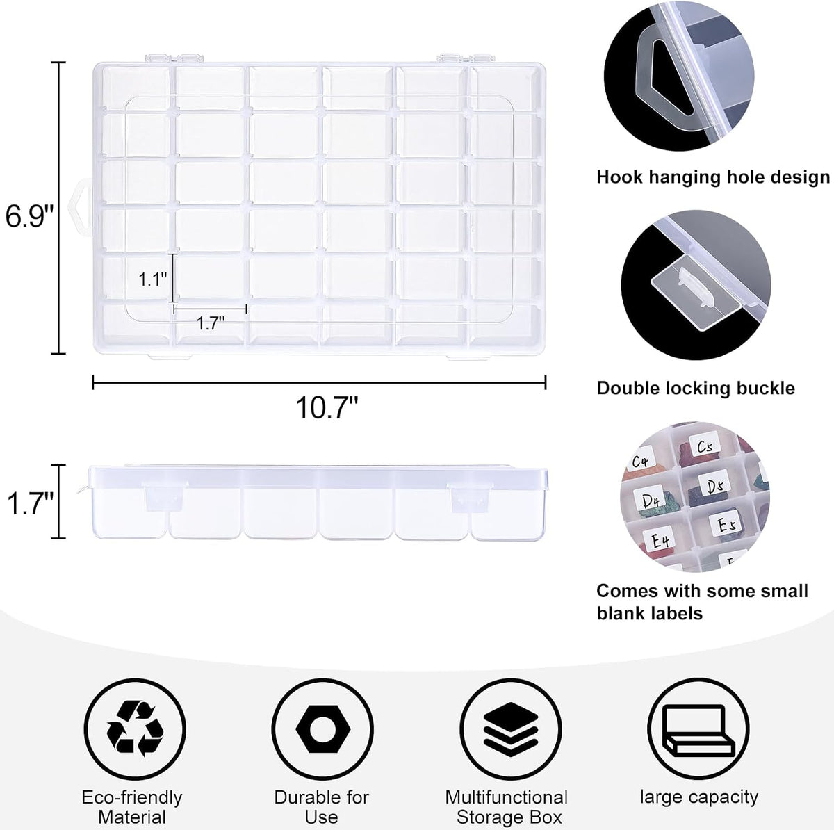 1 Pack 36 Grids Clear Plastic Organizer Box with Adjustable Dividers, Small Craft Organizers and Storage, Compartment Container for Bead, Nail, Jewelry, Art, DIY Crafts, Fishing Tackle, Small Items