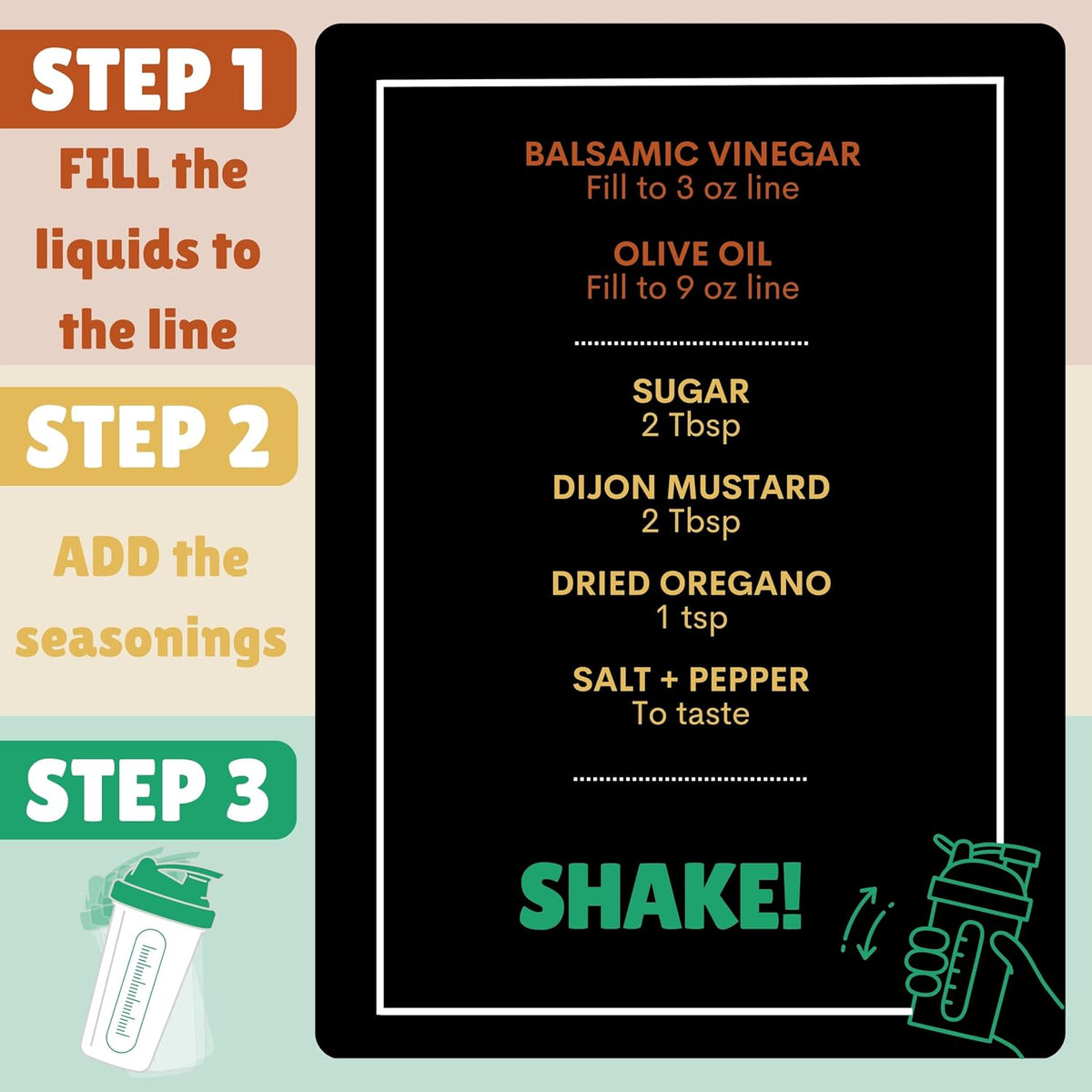Salad Dressing Shaker Bottle with Recipe Cards | Just Measure to the Line and SHAKE! | Over 40 Chef-Inspired Recipes | Dressings, Sauces, Marinades, Dry Rubs | Nutrition Facts | BPA-Free Bottle