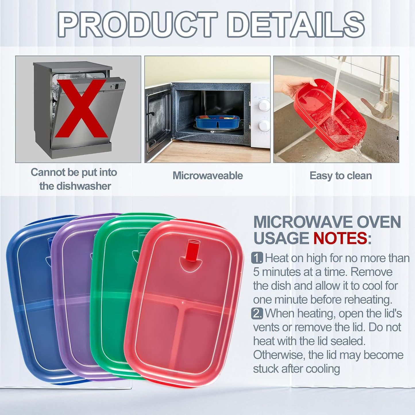 Hushee 4 Pcs Microwave Food Storage Tray Containers with Ventilation Lids 3 Compartment Divided Plates Portion Plate Fits Microwave Fridge(Rectangle,Mixed Colors,10.04 x 6.38 x 2.24 Inch)