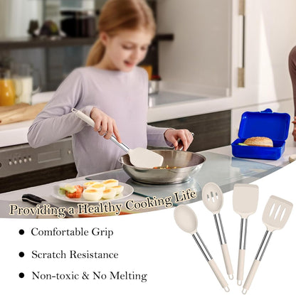 TeamFar Kitchen Utensils, 4 PCS Silicone Cooking Utensils Spatula Spoon Set with Stainless Steel Handle, for Frying Mixing Draining Turning, Healthy & Heat-proof, Non-stick & Dishwasher Safe - Black