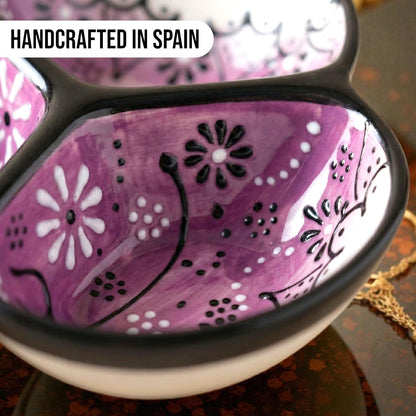 Ceramic Chip & Dip Bowl 7.5”, 3-Compartment Divided Serving Dish & Condiment Tray for Appetizers – Handmade in Spain, Lead-Free Glaze, Microwave, Oven & Dishwasher Safe