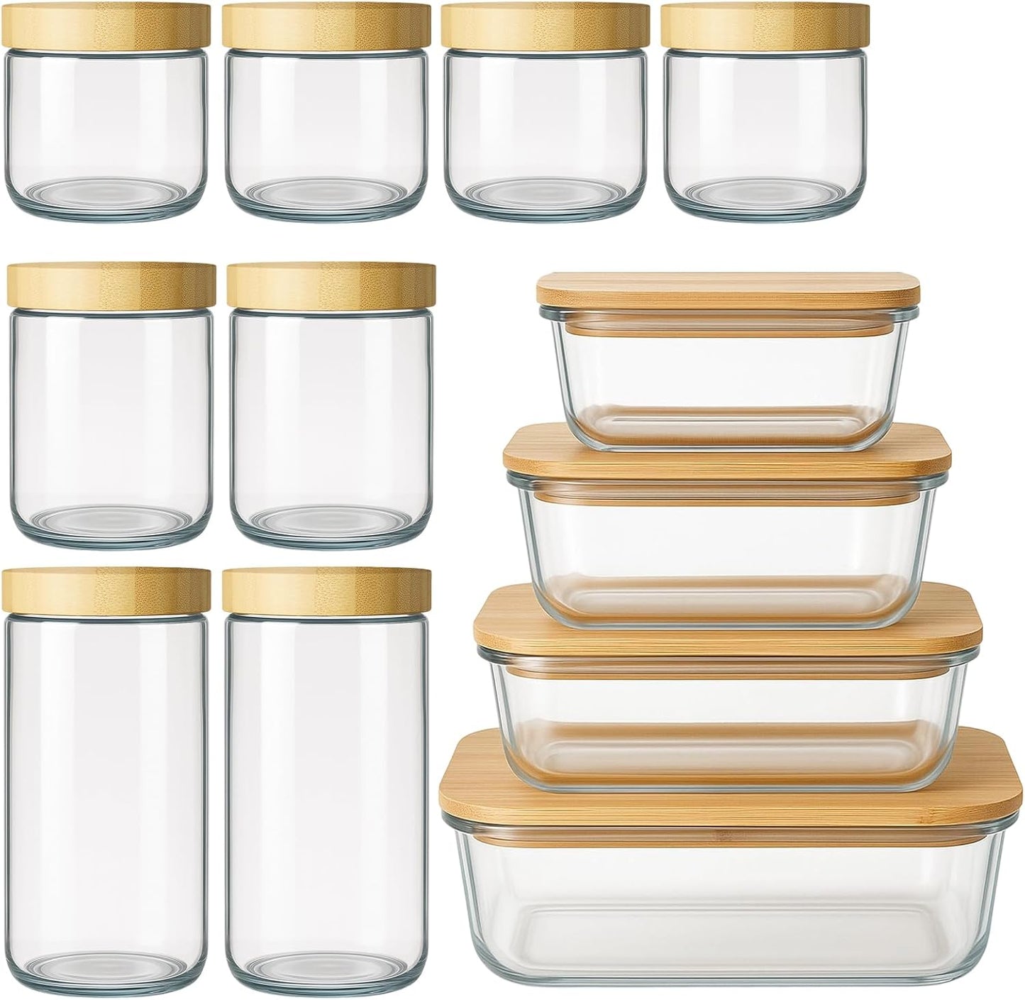 Suclain 12 Pcs Airtight Glass Food Storage Containers with Bamboo Lids Set Including 4 Pieces Meal Prep Glass Containers Lunch Bento Boxes and 8 Pieces Overnight Oats Jars Snack Storage Salad Jars