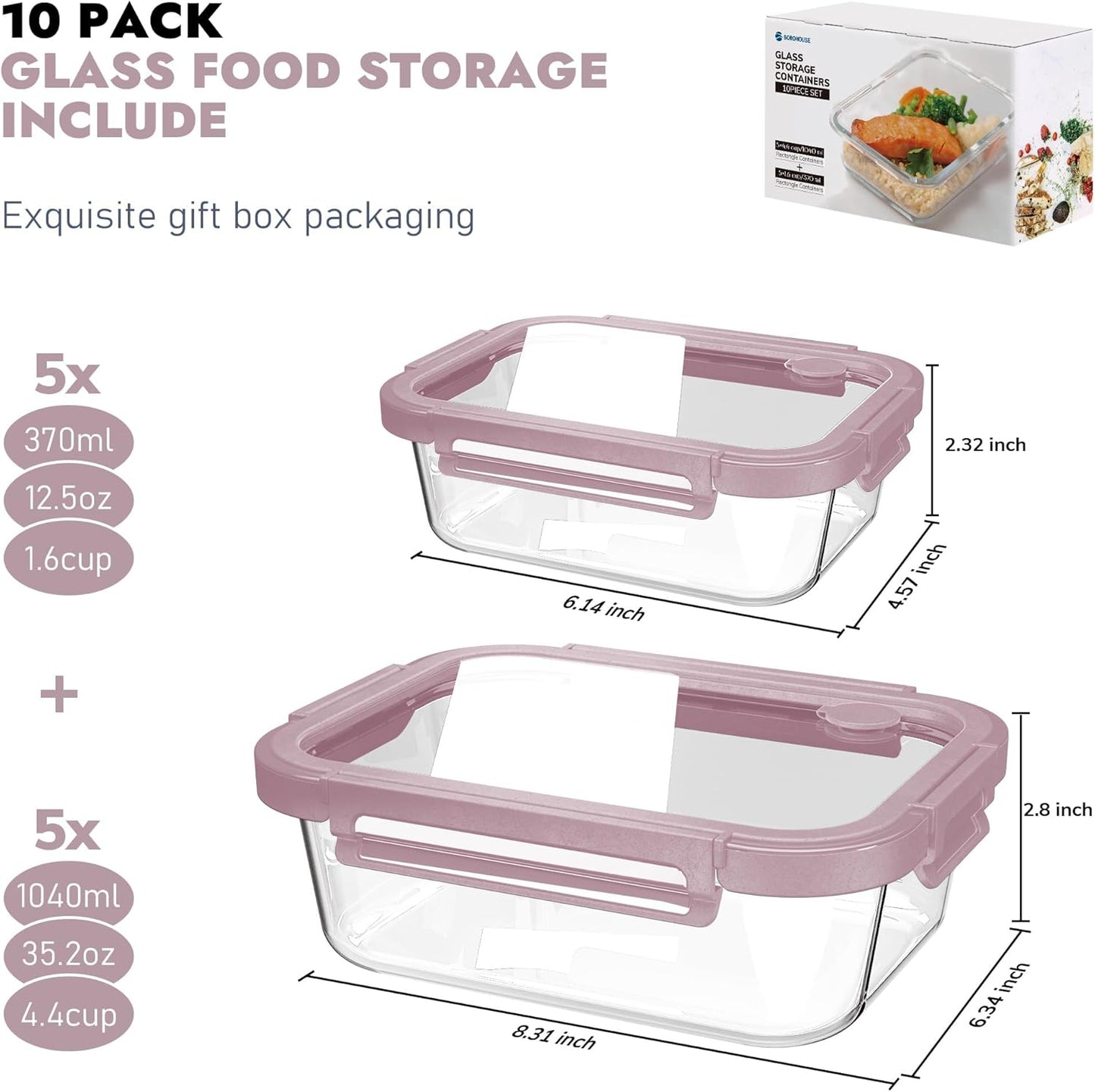 5-Pack Borosilicate Glass Containers with Tempered Lids, 35.2oz/4.4 Cup Airtight Meal Prep Set, Microwave/Freezer Safe (Gray)