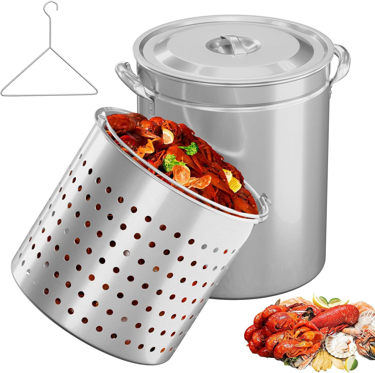 Bonnlo 30QT Aluminum Stock Pot for Boiling Seafood, Crawfish & Crab, Frying Turkey & Steaming Tamales, Large Boil Pot with Strainer Basket, Lid, Lifting Hook & Steamer Rack for Outdoor Cooking