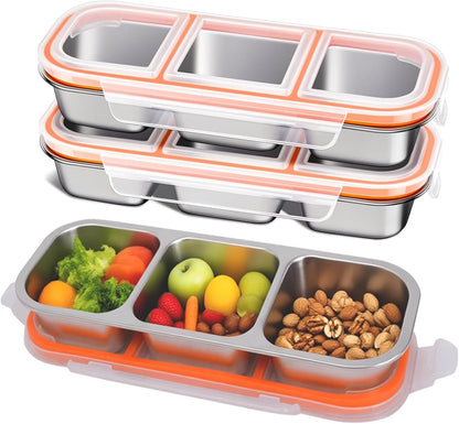 Stainless Steel Snack Containers with Lids, Reusable Condiment Storage Box, Divided Food Storage for School, Home, Travel, Multiple Compartment Leak-Proof Box (‎3 Compartment)