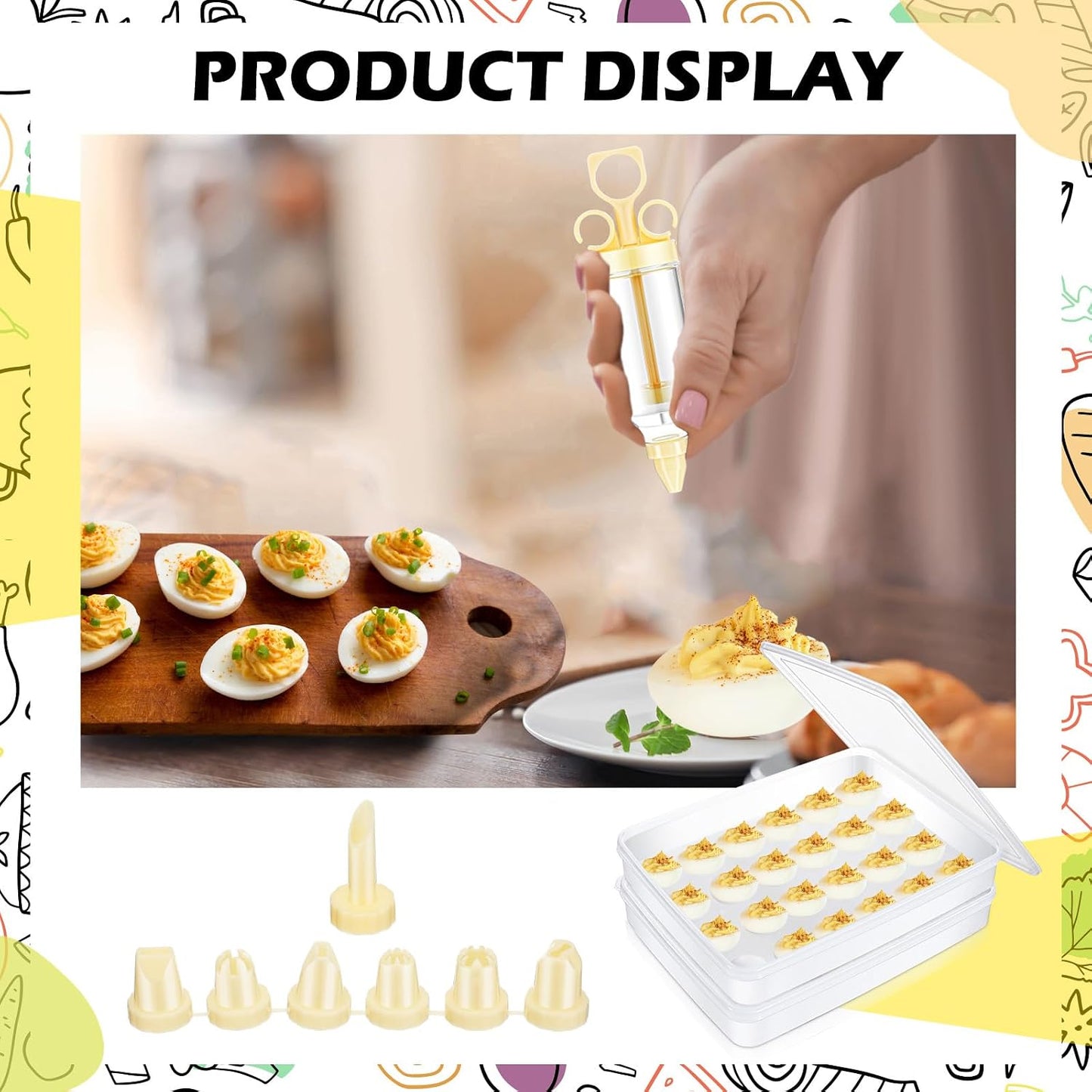 Deviled Egg Carrier with Syringe Stackable Stackable Clear Holder with Lid for Refrigerator Portable 48 Eggs Dispenser Storage Containers Tray(Without Handle)