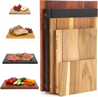 3-Piece 0.6in thickness Book Shaped Cutting Board Set - Food Safe, Non-Slip Chopping Boards for Kitchen Organization and Stylish Serving,Acacia Wood