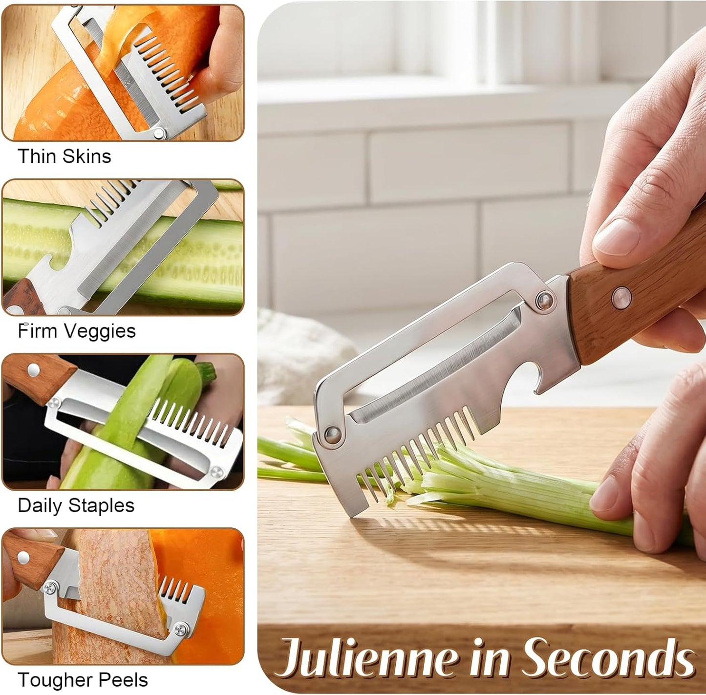2026 Upgrade Vegetable Peeler With Wooden Handle, Stainless Steel Wide Blade Potato and Carrot Peeler, 3-in-1 Veggie Peeler With Scallion Shredder and Bottle Opener for Kitchen, Camping and Trave