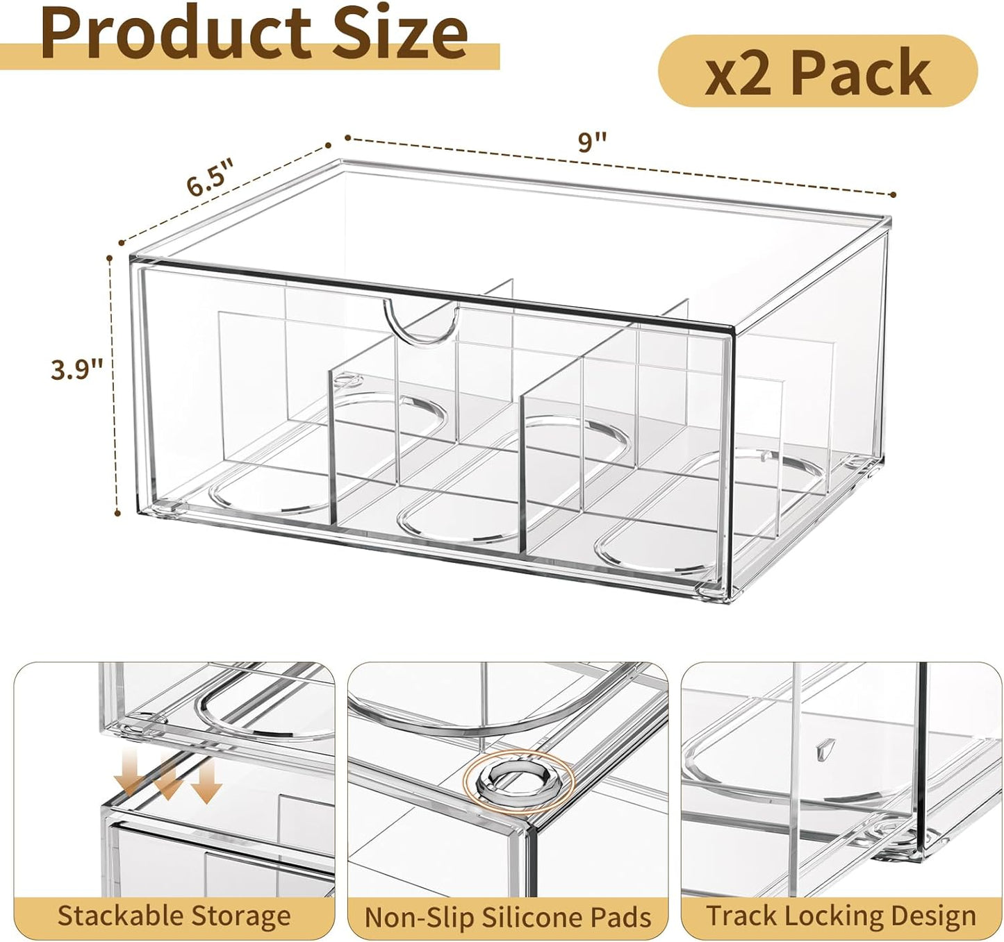 2 Pack Clear Tea Bag Organizer, Stackable Drawer Organizer with Dividers for Pantry Bathroom Vanity Kitchen - Cabinet Countertop Shelf Plastic Storage Bins for Coffee/Makeup/Cosmetic/Crafts/Jewelry
