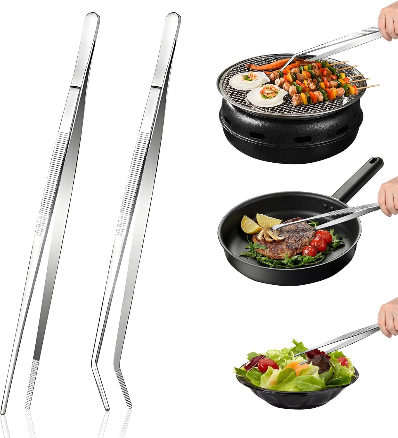 2-Piece Kitchen Tongs Set – 12-Inch Stainless Steel BBQ Tweezers with Straight & Curved Edges, Non-Slip Grip, Heavy Duty for Grilling Steak, Flipping Pancakes, Salads & Cooking