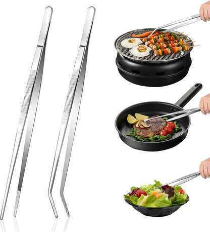 2-Piece Kitchen Tongs Set – 12-Inch Stainless Steel BBQ Tweezers with Straight & Curved Edges, Non-Slip Grip, Heavy Duty for Grilling Steak, Flipping Pancakes, Salads & Cooking