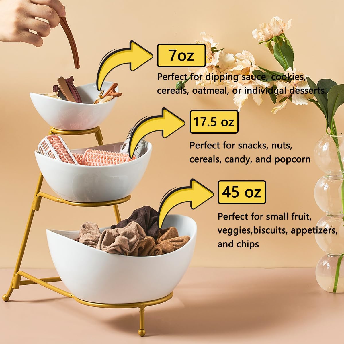 LYEOBOH 3 Tier Serving Bowls Set Tiered Serving Stand, Porcelain Oval Bowls with Collapsible Metal Stand for Entertaining, Party, Dessert Display, Candy, Chip and Dip (Gold)-45oz / 17.5oz / 7oz