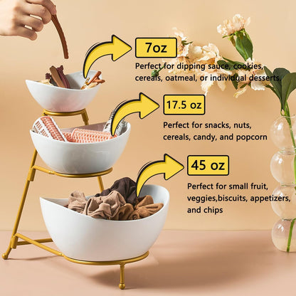 LYEOBOH 3 Tier Serving Bowls Set Tiered Serving Stand, Porcelain Oval Bowls with Collapsible Metal Stand for Entertaining, Party, Dessert Display, Candy, Chip and Dip (Gold)-45oz / 17.5oz / 7oz