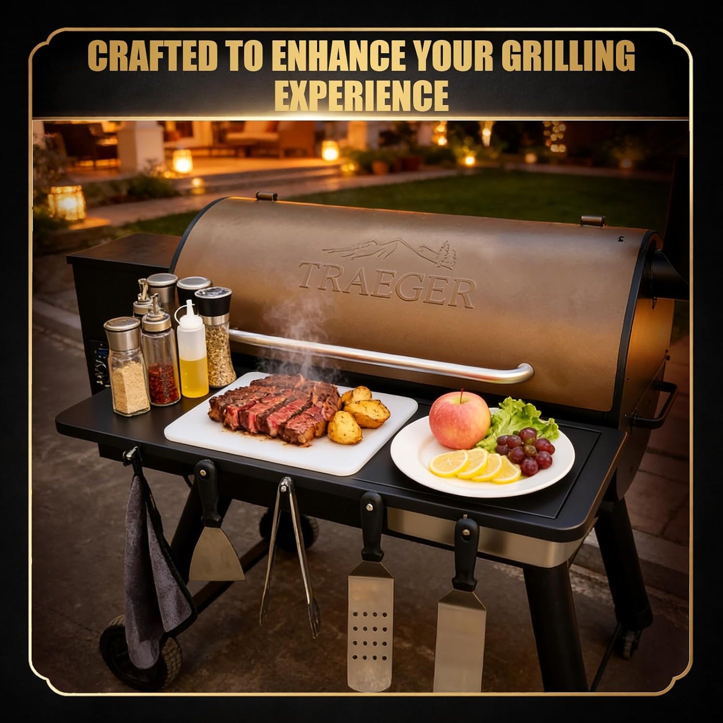 QuliMetal Folding Front Shelf for Traeger Pro 34, Texas Elite 34, Century 885 and Eastwood 34, 37" x 12" Heavy-Duty Grill Prep Table with Cutting Board, Stainless Steel Basin, Lid and 5 Hooks