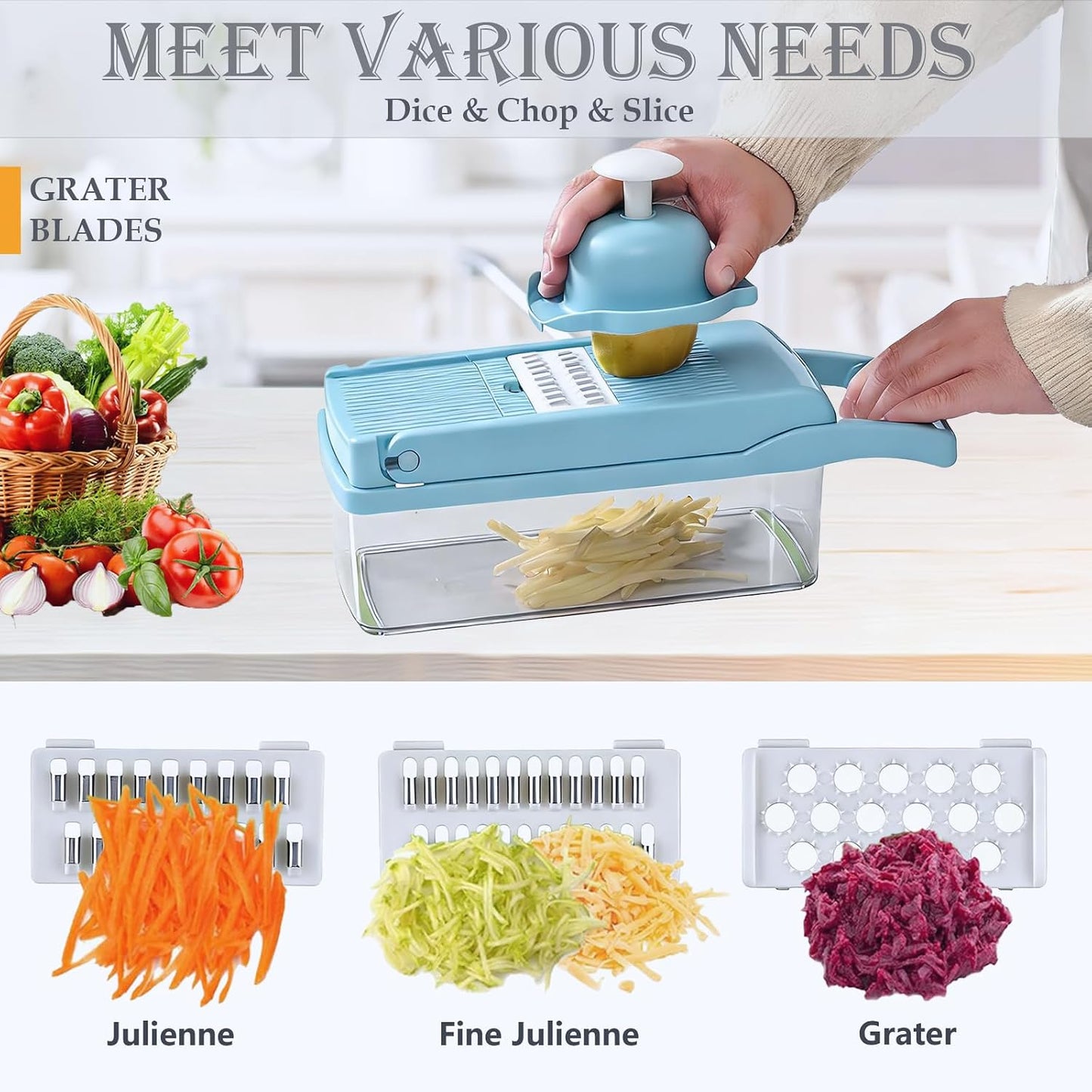 Vegetable Chopper Dicer with Container | Cheese Grater Mandoline Slicer Cabbage Shredder French Fry Cutter Stainless Steel for Veggie Onion Potato Fruit Food, Manual Hand Cooking Gadget for Kitchen