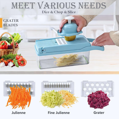 Vegetable Chopper Dicer with Container | Cheese Grater Mandoline Slicer Cabbage Shredder French Fry Cutter Stainless Steel for Veggie Onion Potato Fruit Food, Manual Hand Cooking Gadget for Kitchen
