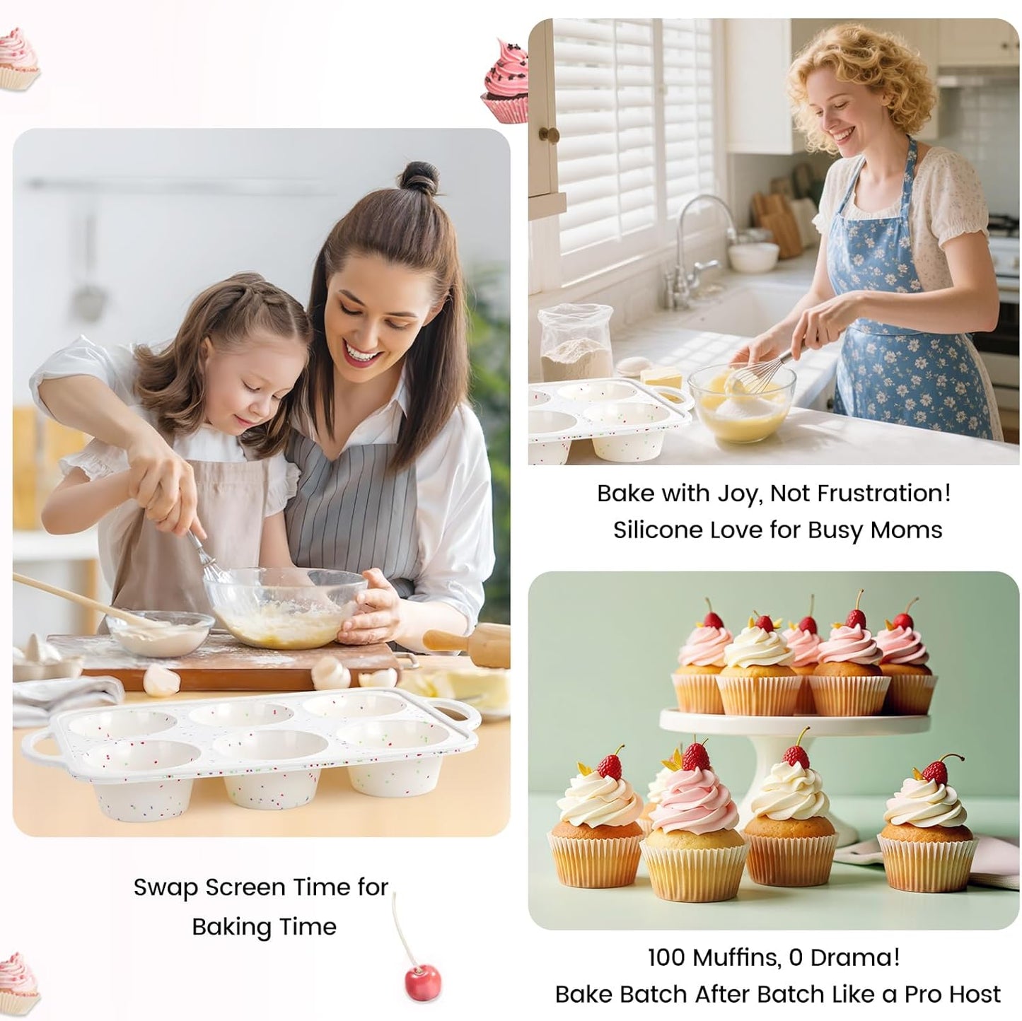 Silicone Muffin Pans With Metal Reinforced Frame - 24 Cups Durable Silicone Baking Pan for Muffins, Cupcakes, BPA Free and Dishwasher Safe - Beige with Rainbow Spots, Set of 2