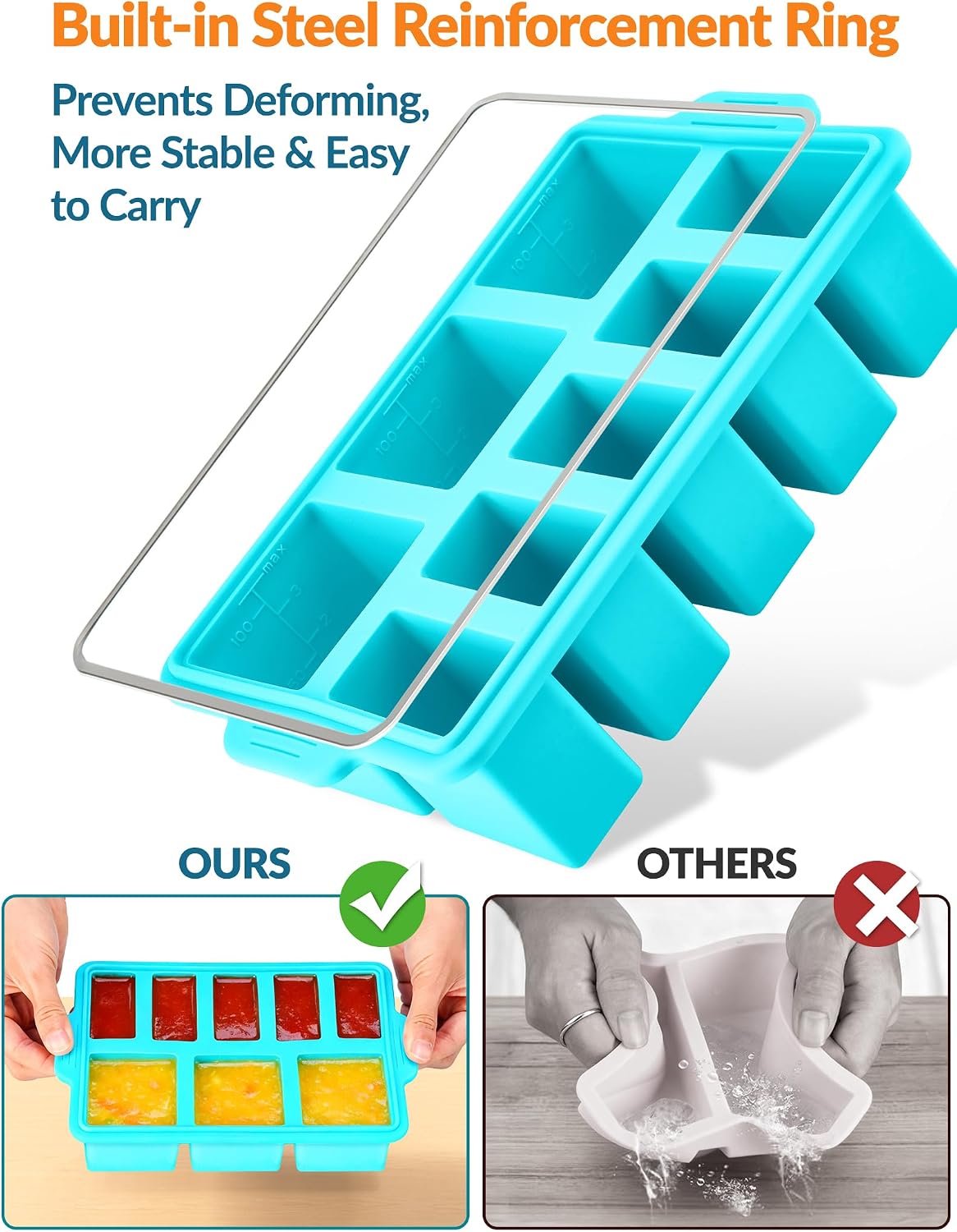 NiHome Silicone Freezer Tray with Lid – 8 Compartment 125ml & 50ml Portions, Steel Reinforced Frame, Easy Release, Food Storage for Soups, Sauces, Meal Prep (1 PC)