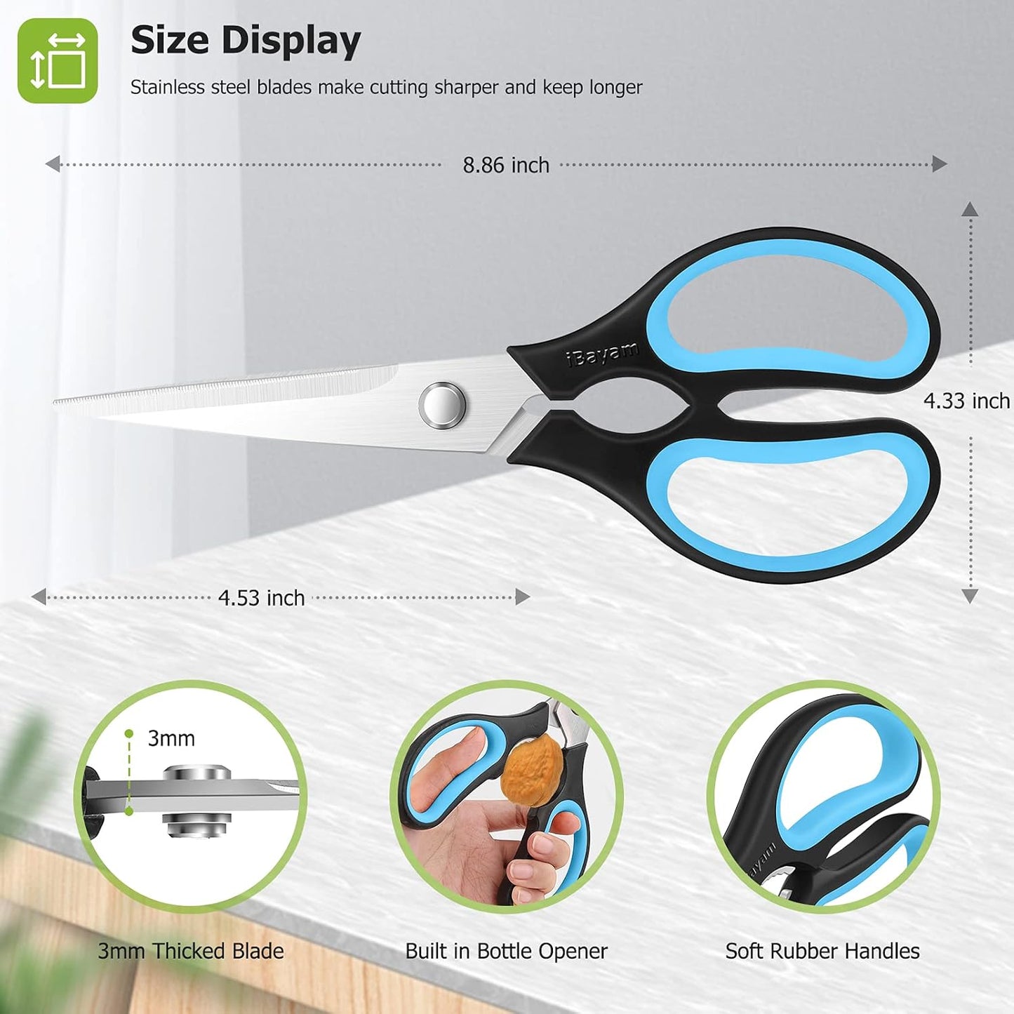 iBayam 2 Pack All Purpose Kitchen Shears Heavy Duty - Stainless Steel Kitchen Scissors With Protective Sheath, Soft Comfort-Grip Handle, Food & Meat Scissors, Home, Kitchen, Dining Utility Gadgets