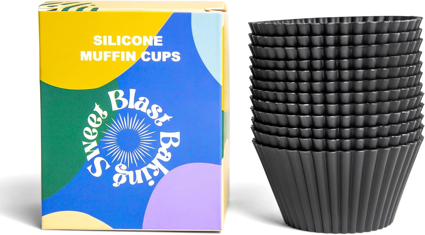 Premium Reusable Silicone Muffin Liners - 12 BPA Free Silicone Cupcake Molds for Baking - LFGB/FDA - (Standard, Black)
