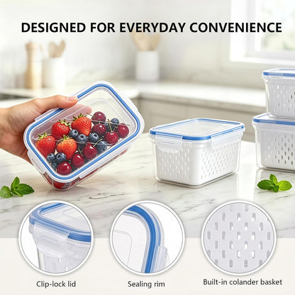 3 Pack Fruit Storage Containers for Fridge with Removable Colander and Lids